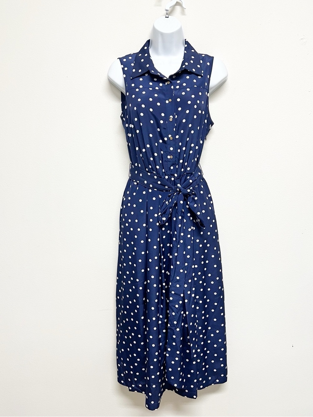 1901 Womens Navy White Polka Dot Sleeveless Tie Waist Button Up Midi Dress